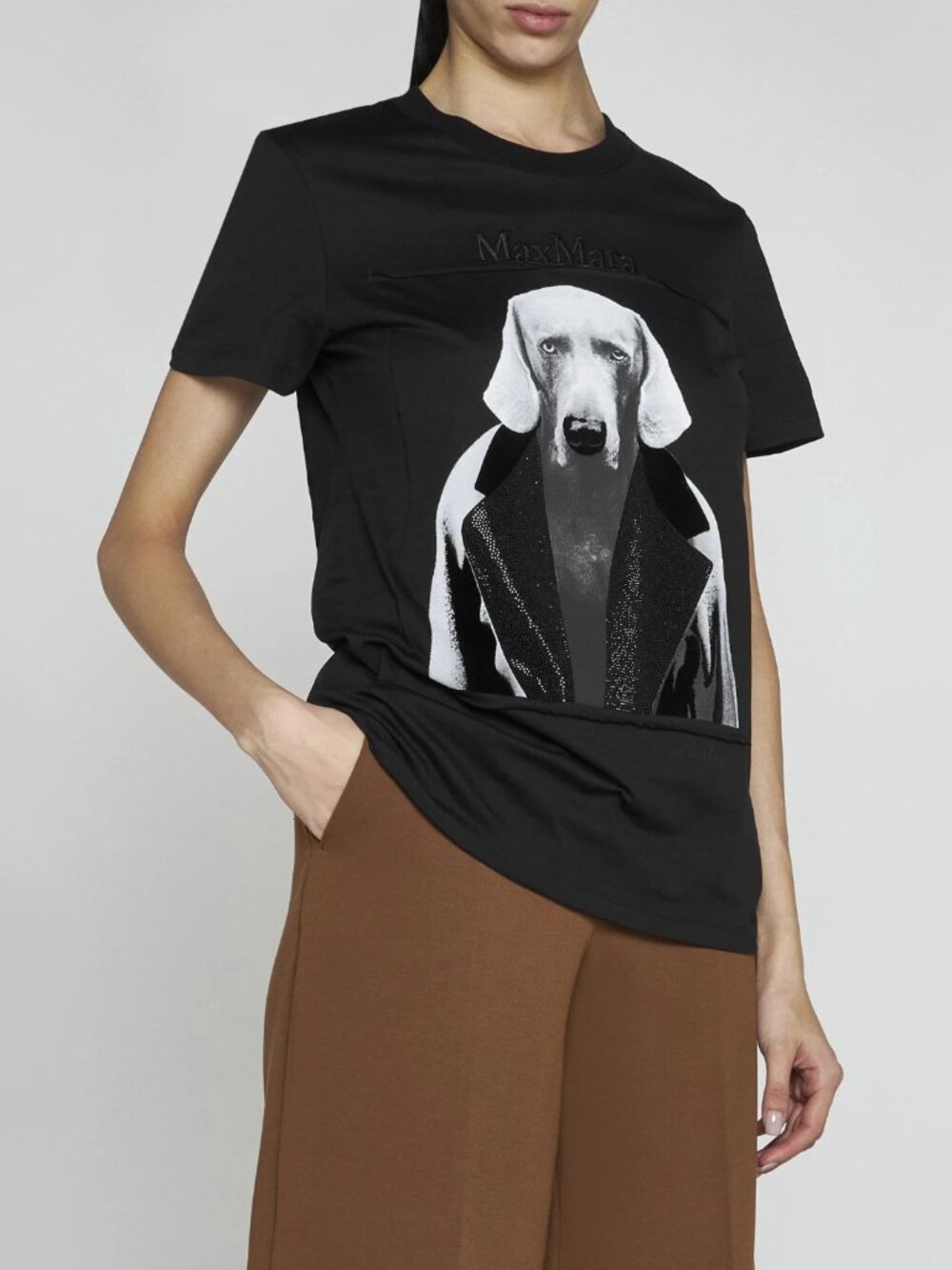 Max Mara Dog Print Tee with Strass Detailing in Black, size Small